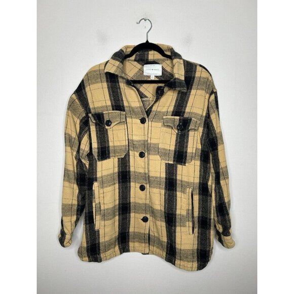 Lucky Brand Shirt Jacket Women's Black Tan Button Plaid Pockets Shacket Small S - Picture 1 of 10